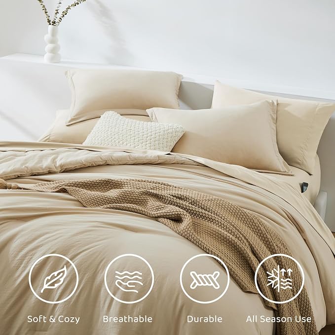 WRENSONGE Oversize King Size Comforter Sets- 7 Pieces Soft Beige Bed in a Bag Oversize King with Fitted Sheet, Flat Sheet, 2 Pillow Shams, 2 Pillowcases, Warm Bedding Sets for All Season