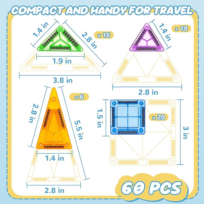 cossy Mini Magnetic Tiles, 60 PCS Magnet Tiles Travel Toys with Iron Box, Travel Magnetic Tiles for Restaurant, Car & Plane Play, Toys for 3 4 5 6 7 8 Year Old Boy and Girl