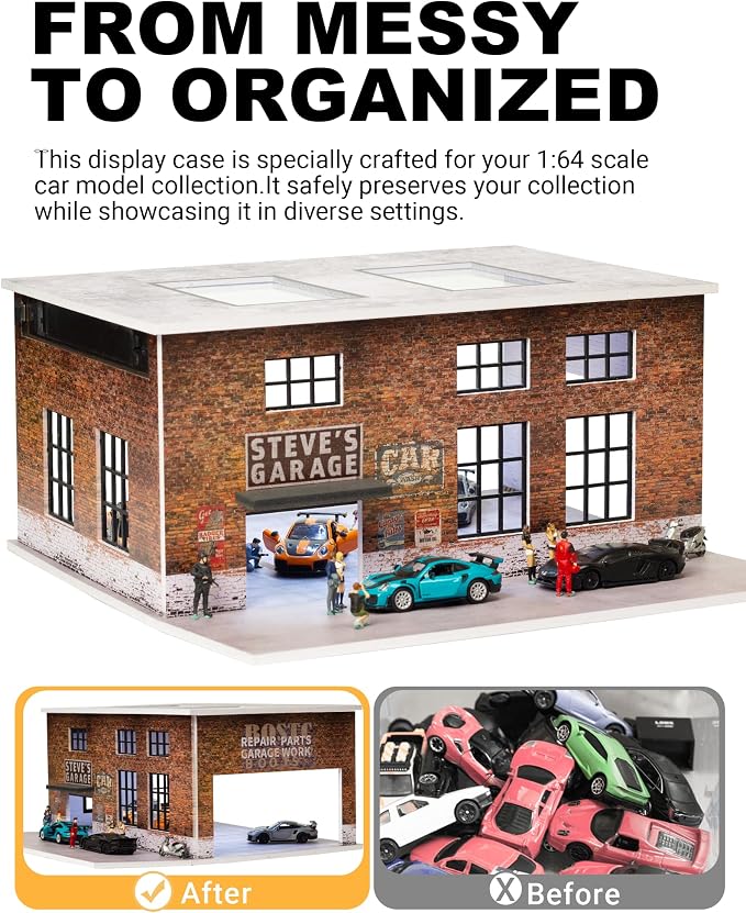 1/64 Scale Display Case Car Garage Model, Factory Building Cover Diecast Diorama Box Decorative Miniature Scene with LED Light for Toy Car Display and Storage