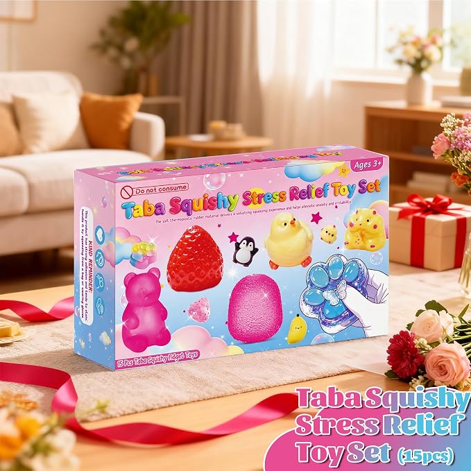 15Pcs Taba Squishies Kit, Squishies Fidget Toys, Including Strawberry, Cat Paw, Hamster Toy, Stress Relief Toys Party Favors for Kids 4-8 8-12, Sensory Toys Birthday Easter Gifts