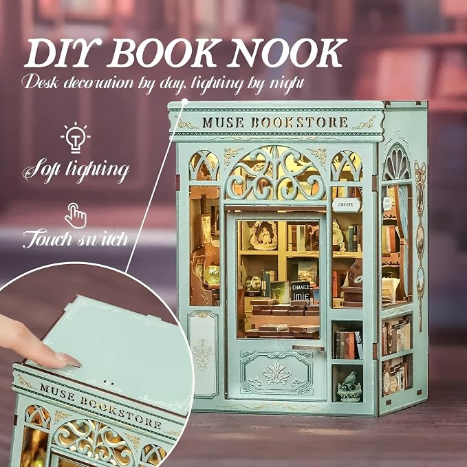Fsolis Book Nook Kit - 3D Wooden Puzzles for Adults (Muse Bookstore) | DIY Miniature House Kit Bookshelf Decor Gifts for Women Puzzle Lovers