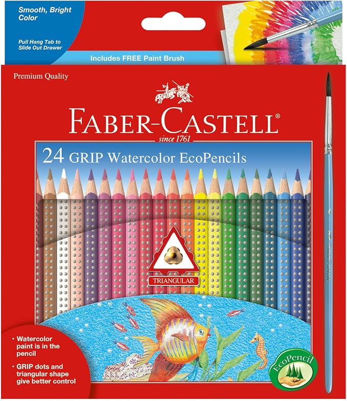Faber-Castell Grip Watercolor EcoPencils | 24 Watercolor Pencil Set with Brush | Draw, Blend & Paint | Kids Art Set, Art Supplies for Kids | Beginner Kit (Ages 5+)