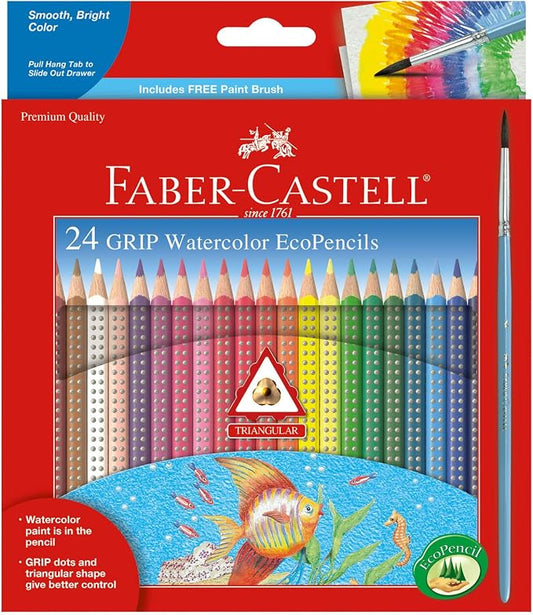 Faber-Castell Grip Watercolor EcoPencils | 24 Watercolor Pencil Set with Brush | Draw, Blend & Paint | Kids Art Set, Art Supplies for Kids | Beginner Kit (Ages 5+)