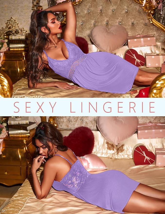 Ekouaer Lingerie for Women Sexy Nightgown Lace Trim Sleep Dress Chemise Nightgowns Sleeveless Night Gown Sleepwear S-3XL