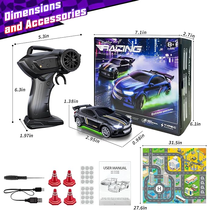 Mini RC Car 1:64 Scale, Remote Control Car with LED Lights & 2-Speed Modes, 2.4GHz RC Drift Car Toys with 4 Obstacles & Track Mat, Hobby Gift for Kids & Adults, Black
