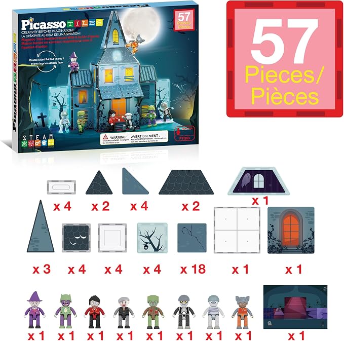 PicassoTiles Scary Haunted House Magnetic Tiles Building Block with 8 Halloween Theme Action Figure Magnet Construction Toy Kit Double-Sided Mansion STEM Playset Adventure Boys & Girls Ages 3+ PTQ03