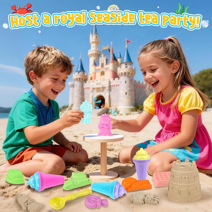 KUBUSFLY Beach Toys for Toddlers, Sand Castle Toys with 4 Beach Bucket and Shovels, Ice Cream Travel Sand Toys for Sandbox & Mesh Bag, Essentials Toy for Toddlers Kids Baby Boys Girls Age 3-10