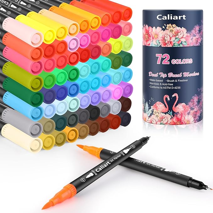 Caliart 72 Colors Double Tip Brush Pens Art Markers, Artist Fine & Brush Coloring Markers for Adult Book Journaling Calligraphy Lettering Planners Cards Drawing Craft Kit Teacher Office Supplies