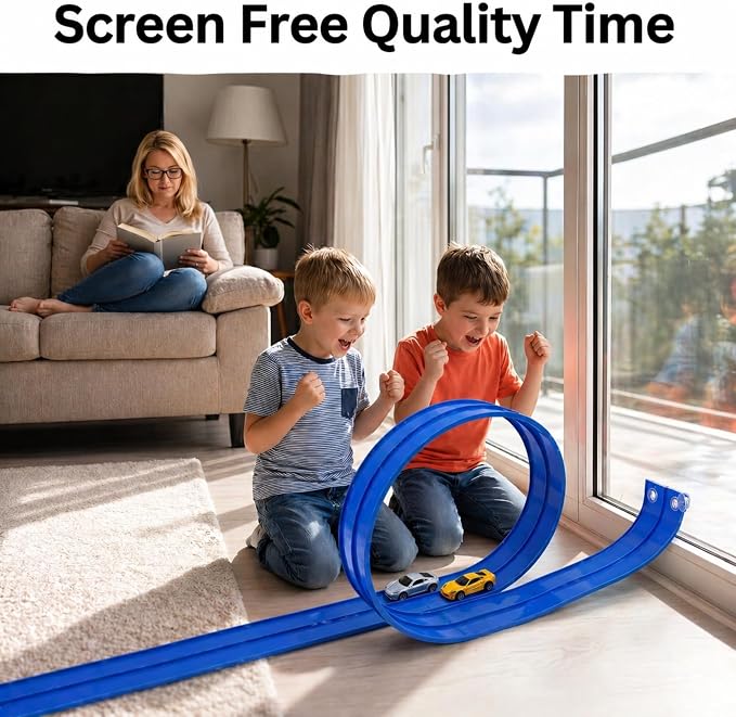 Flexible Race Track for Kids – 4.5M Bendable Dual Lane System, Portable Car Track with Suction Base, Foldable Roll-Up Design for Interactive Play Ages 4–9 (No Cars Included)
