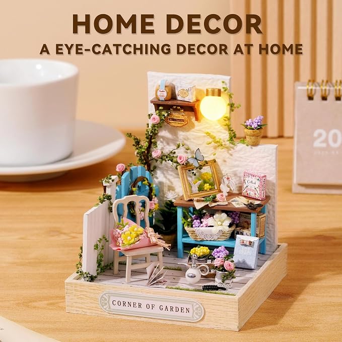 Kisoy Dollhouse Miniature with Furniture Kit, DIY 3D Wooden DIY House Kit with Dust Cover,Handmade Tiny House Toys for Teens Adults Gift(Corner of Garden)