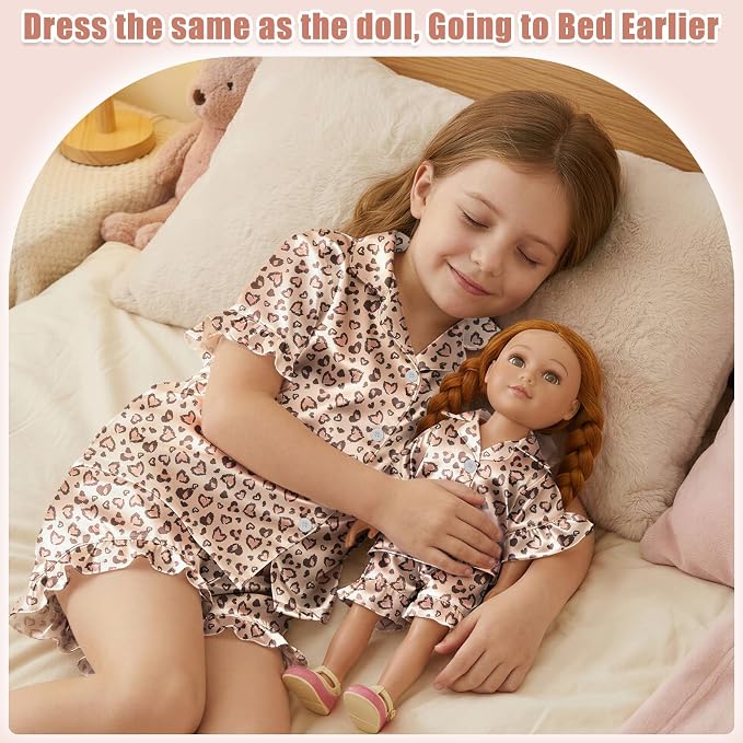 ICOSY Matching Doll & Girls Silk Pajamas Satin Pjs for Girls Button-Down Top and Shorts for 18" Doll Girl Clothes