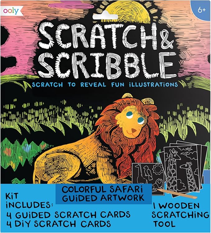 Ooly Scratch & Scribble Travel Crafts for Kids – 1pc Art Kit, Portable Car & Airplane Activity, 8 Scratch Cards + Wooden Stylus + Stickers, Ages 6+ – Colorful Safari