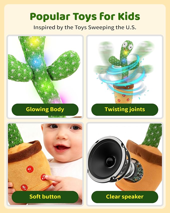 TWORIVER Adjustable Volume Dancing Talking Cactus Toy for Baby Toddler, Boys Girls Gifts Singing Mimicking Recording Repeating What You Say Baby Toys with 120 English Songs