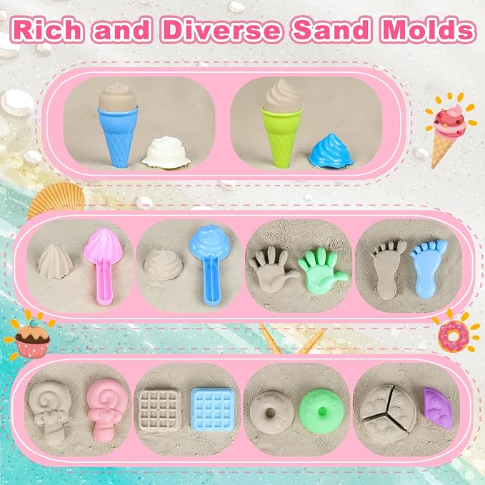Meaicezli Beach Toys, Ice Cream Sand Toys with Collapsible Beach Bucket, Ice Cream Scoop and Cart, Sand Molds, Mesh Bag, Summer Outdoor Travel Toys for Toddlers 3-5