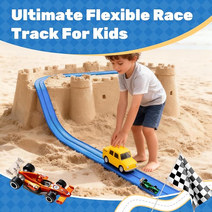 MINDNOOK 16 Ft Flexible Race Car Track Set for Kids, Portable Roll-Up Racetrack with 4 Cars & Suction Cups, Compatible with 1:64 Diecast Toy Cars, Gift for Boys & Girls Ages 4-12