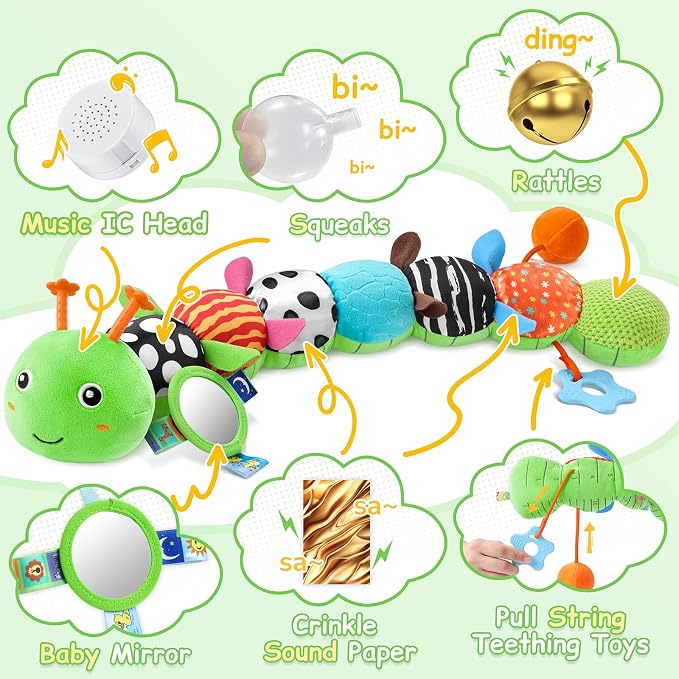 Baby Sensory Musical Caterpillar Plush Toy, Soft Stuffed Animal with Mirror Crinkle Paper Rattle Teether, Tummy Time Play Toy for 0-12 Months Newborn Infant, Baby Shower Gift for Boys Girls, Green