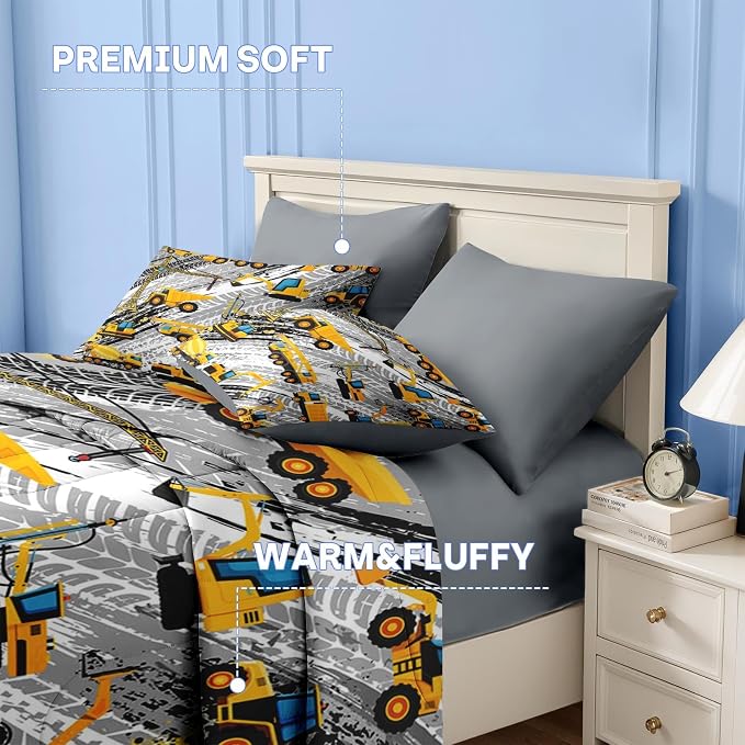 Nesker 7 Pcs Comforter Set Full Size, Cartoon Yellow Vehicle Bedding for Kids Teen, Trucks Construction with Fitted Sheet 2 Pillowcases & 2 Shams for Bedroom Bed Decor