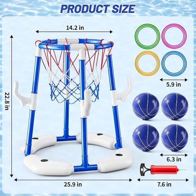 JUKUDAHU Pool Basketball Hoop, Boy Pool Toys for Kids Ages 4-8, 2-in-1 Floating Pool Ring Game with 4 Balls and Pump, Outdoor Swimming Water Play Toy, Summer Water Toys for Kids Adults Age 3-12