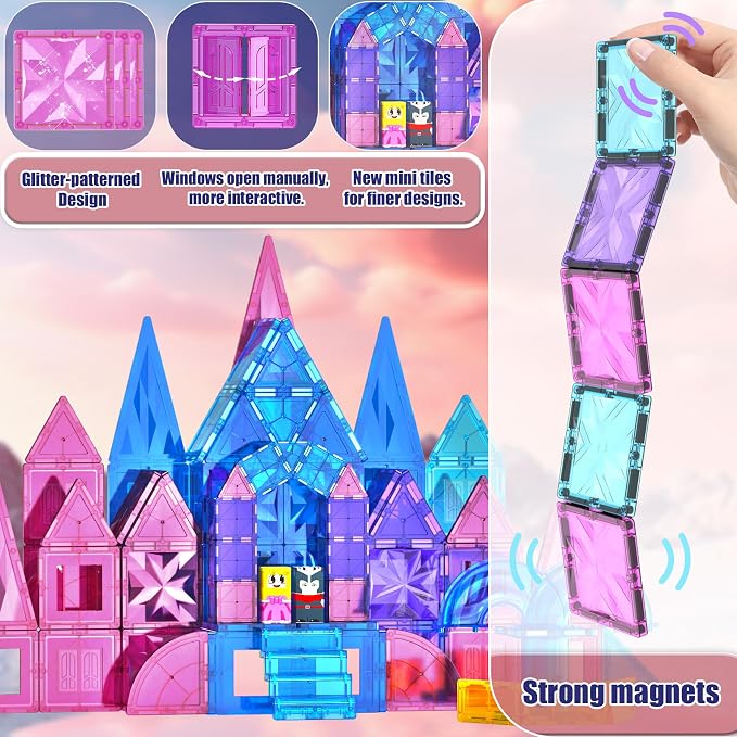 SKTMYY 114pcs Magnetic Tiles for Kids,3D Diamond Princess Ice Castle, Magnetic Tiles Age 3-5 4-8,STEM Educational Toys for Girls Kids Birthday Gift