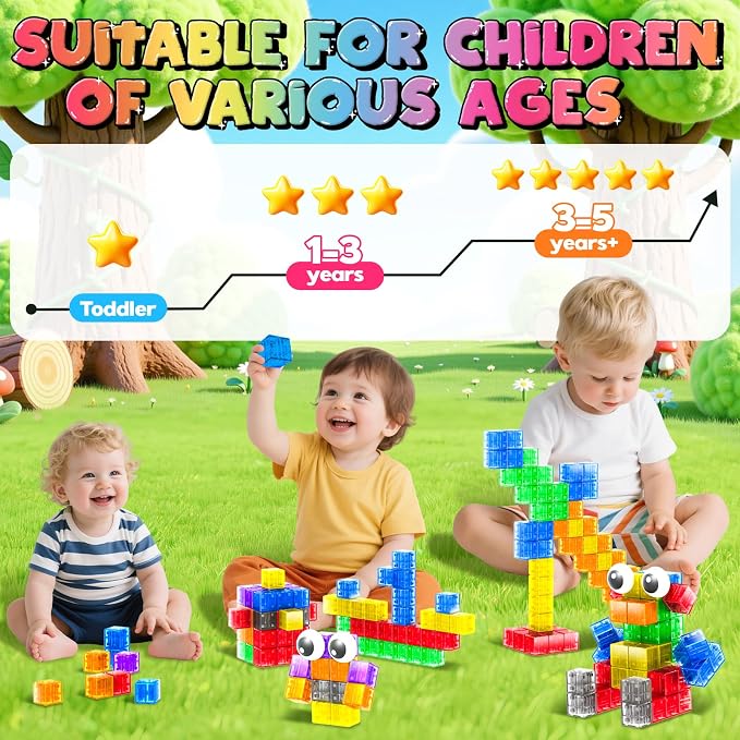 Goody King Magnetic Blocks with Toy Eyes, Transparent Magnetic Cubes,Montessori Sensory STEM Magnetic Cubes for Kids, 1''Travel Magnetic Blocks for Toddlers 3+ Year Old Boys Birthday Girls(56PCS)