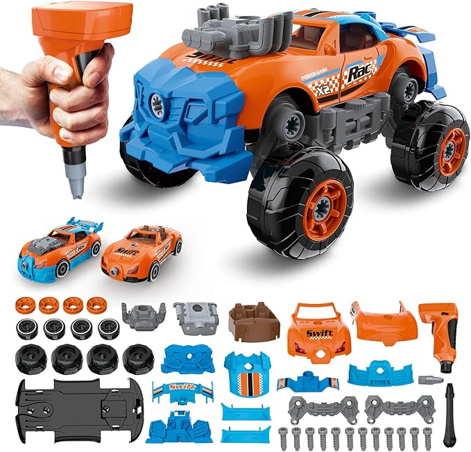 Pup Go 3-in-1 Take Apart Car for Boys Ages 3 4 5 6 7, Building Toys with Electric Drill, 43 Pcs Construction Toy Truck, Build Your Own Car with Play Tools, Ideal STEM Gift for Kids Children (Orange)