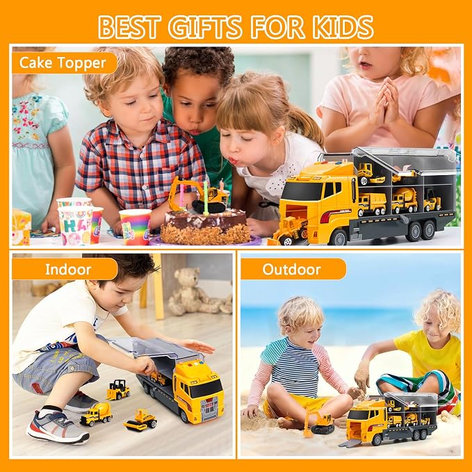 Toddler Construction Truck Vehicle Toy Set for 3 4 5 6 Years Old Boys with Play Mat, Die-Cast Car Carrier Truck for Kids Boys Girls Birthday Party Gifts