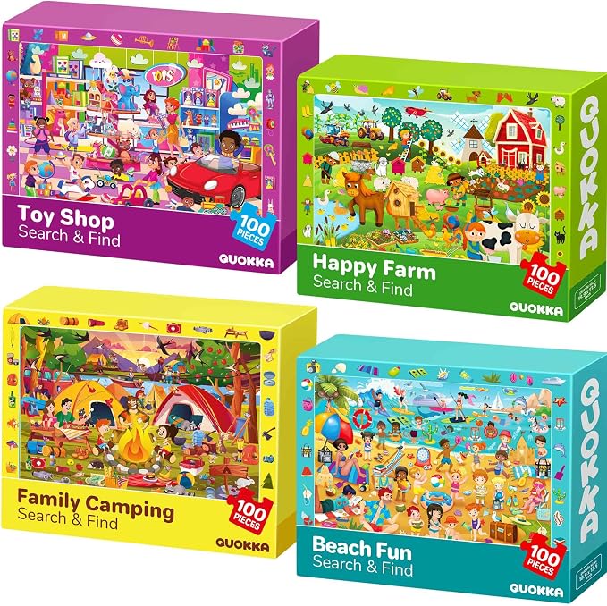 QUOKKA 100 Piece Puzzles for Kids Ages 4-6 – 4xSET Search and Find Kids Puzzles Ages 5-8 – Artist-Crafted Illustrations with Children Daily Life, Hidden Objects - Educational Activity Toy Gift