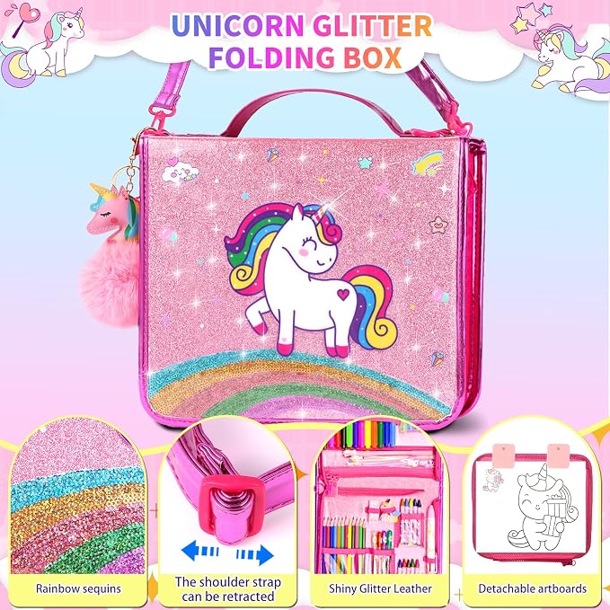 70Pcs Fruit Scented Markers Set - Kawaii Art Supplies with Unicorn Pencil Case, Coloring Set for Kids Include Marker, Pencil, Crayon, Pen, Eraser, Sticker, Unicorn Drawing Kit Birthday Gift for Girls