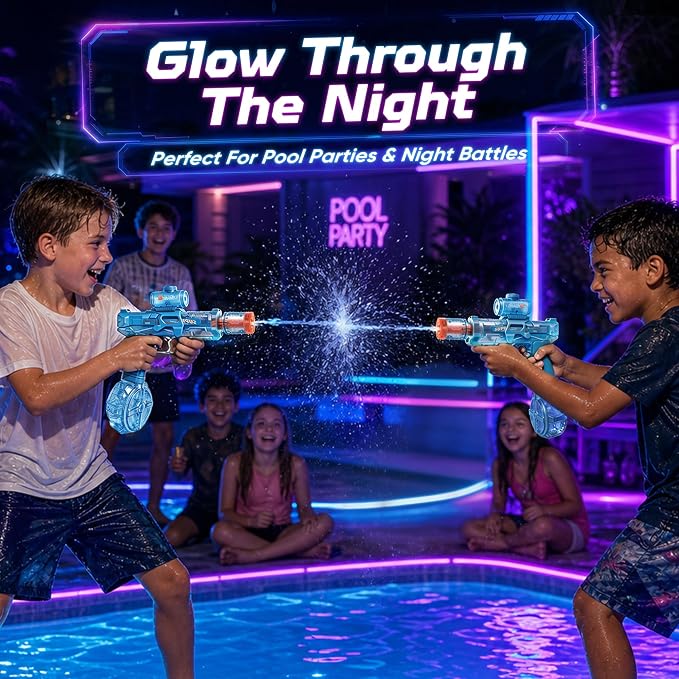 GONINO Electric Water Gun for Kids & Adults, Automatic LED Water Sprayer with Long Range Stream, Leak-Proof Rechargeable Battery Powered Outdoor Pool Toy, Summer Party Gift for Boys Girls, Blue