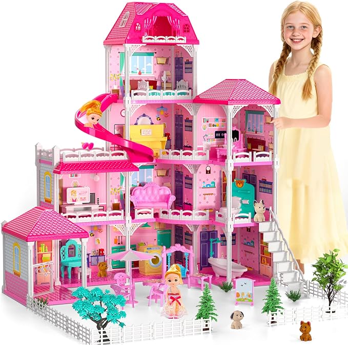 Dollhouses for Girls, Housetoys with Furniture, 4 Floor 10 Rooms DIY House Slide Accessories, Toddler Playhouse with 2 Princesses, Toys for for 3 4 5 6 7 8 9 10 Year Old Girls