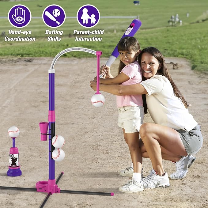 HYES 4 in 1 T Ball Sets for Kids 3-5 with Toss and Catch Ball Set, Hanging Tee Stand with Auto Pitching Machine/ 2 Bats, Indoor Outdoor Toys Baseball Gifts for Toddler Boys Girls, Purple