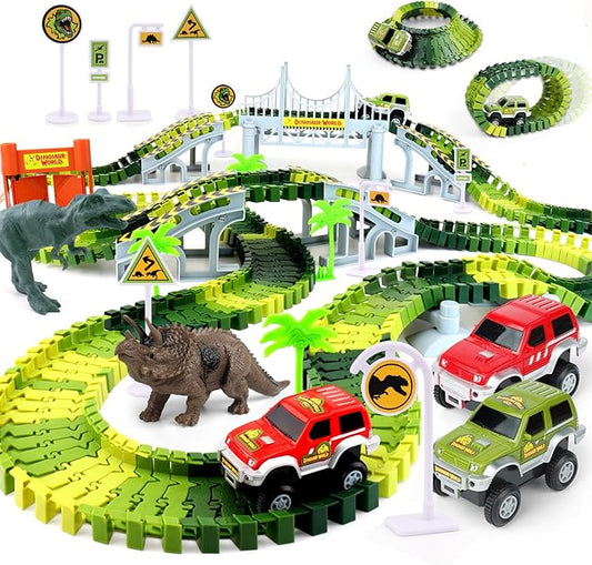 Dinosaur Race Track Toys for Boys 3-5, Flexible Bridge Car Track Set with 2 Toy Cars & Dinosaur Figures, Adventure Race Track Playset for Boys Age 4-7 Birthday Gifts