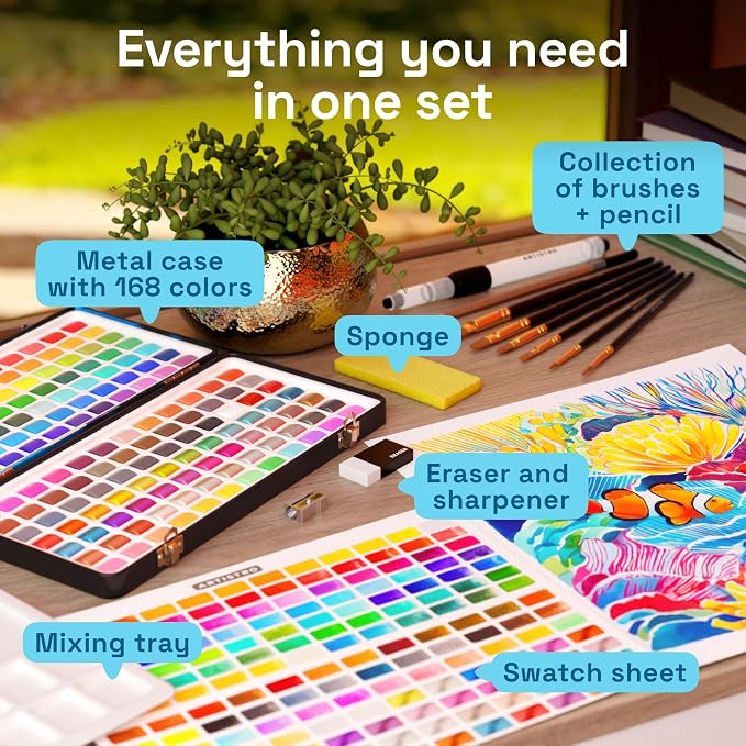 ARTISTRO Deluxe Watercolor Paint Set with 168 Colors – Vivid Colors in a Portable Box – Travel Watercolor Set with Complete Palette