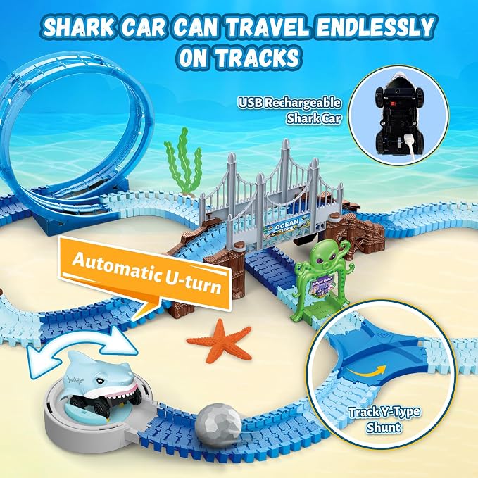 VATOS Shark Track Toys - 219 Pcs Flexible Race Track Set with 360° Loops, Electric Shark Car & Auto-Rotating, Create a Shark Theme Road Race, STEM Toy Birthday for Boys Girls Ages 3-8