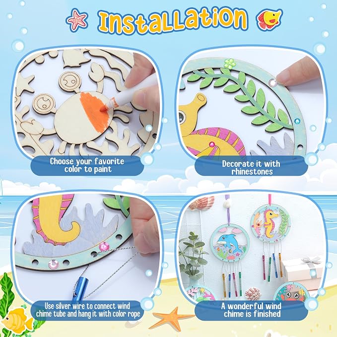 12Pack Wind Chime Kit for Kids Make Your Own Ocean Animals Wind Chime DIY Coloring Wood Crafts Summer Wooden Arts and Crafts Under Sea Ornaments for Boys Girls School Activities Party Decoration