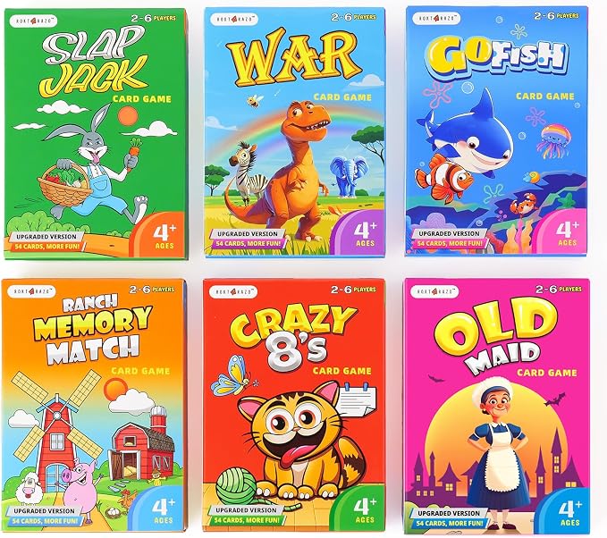 Upgraded Kids Card Games Pack, 6 Decks, Go Fish, Old Maid, Crazy Eights, Memory Match, Slap Jack, War, Playing Cards, Easter Basket Stuffers, Stocking Stuffers | Go Fish, Old Maid, Crazy Eights, Memory Match, Slap Jack, War. For family nights, travel, ...
