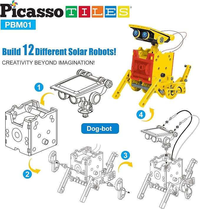 PicassoTiles 12-in-1 Solar Powered Transform Robot Set STEM Kids Educational Learning Engineering Building Toy Creative Unique Transformation Energy Science Experiment DIY Kit Boy Girl Age 8+ PBM01