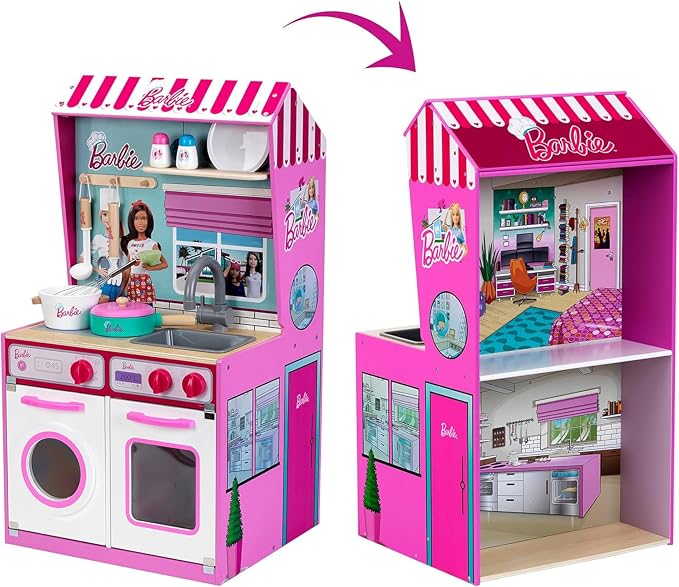 Klein Theo 2 in 1 Barbie Wooden and Metal Toy Kitchen and Dollhouse with Pretend Washing Machine and Oven for Kids Ages 3 and Up Integrated Dollhouse
