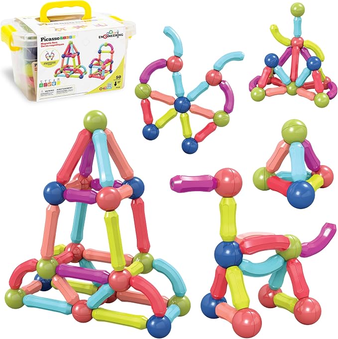 PicassoTiles Magnetic Building Stick Block Construction Set with Storage Bin Colorful 3D STEM Toy Blocks Bar Balls & Rods Montessori Educational for All Ages Puzzle Toy for Boys & Girls PTX50