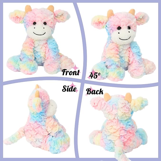 Hopearl Adorable Plush Cow Toy Colorful Floppy Dairy Cattle Soft Stuffed Animal Cute Birthday Holiday Gift for Boys Girls Kids Toddlers, Rainbow, 9''