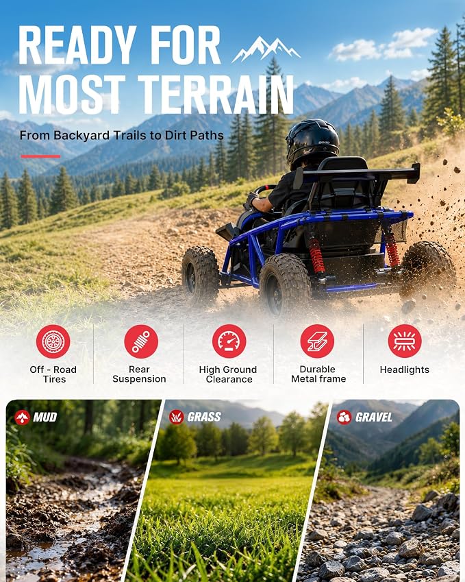 First Ride On 36V Kids Off-Road Go Kart, 400W Electric Ride-On Car for Ages 6+, Up to 9.3 MPH, EVA Tires, Metal Frame, Hall Throttle, Electronic Brake, Adjustable Seat, Bluetooth (Blue)