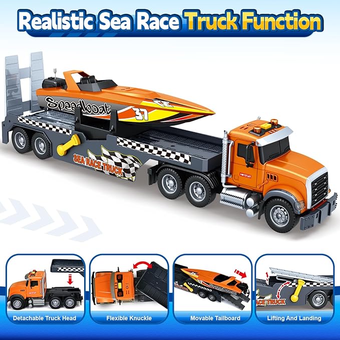 Bstoyder Toddler Boy Toys for 3 4 5 6 7 Years Kids, 21" Semi Flatbed Truck Toy with a Sea Race Truck, Friction Powered Vehicles Toys with Lights and Sounds, Birthday for Boy Girls