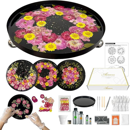 Auraeve All-in-One Resin Tray Craft Kit for Adults, Black-Basic, 9.8" | 55Pcs Real Flowers, 10OZ Epoxy Resin, Metal Tray, Gift for Craft Lovers, Trinket Organizer, Décor