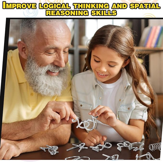 Metal Wire Puzzle Set of 8 with Pouch, Brain Teaser Puzzles IQ Test Ring Disentanglement Unlock Interlock Game Trick Metal for Party Favor Challenge(A Style)
