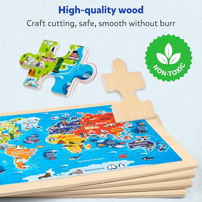 SYNARRY Large US World Earth Solar System Wooden Puzzles for Kids Gift Box(12.2 * 9.4 in), Puzzles for Toddlers 3-5, Wood Puzzles for Kids Ages 4-6, Easter Basket Stuffers Gifts for Kids