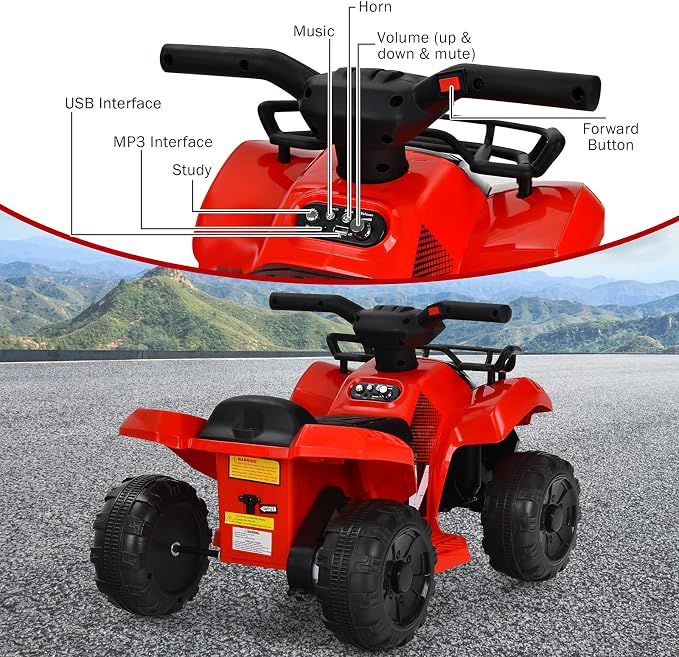 Costzon Kids ATV, 6V Battery Powered Electric Vehicle Four Wheeler Quad w/Storage Basket, Headlight, Horn, Music, MP3 & USB, Toddler 4 Wheeler Ride on Car Toy for Boys Girls 18-36 Months (Red)