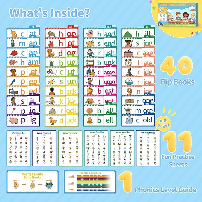 Word Family Build Book, Fun Phonics Flash Cards, 40 Read & Rhyme Flip Books, Learn to Read for Kids Ages 4-8, Educational Flash Cards for Kindergarten, Fun Sight Words & Phonics Games