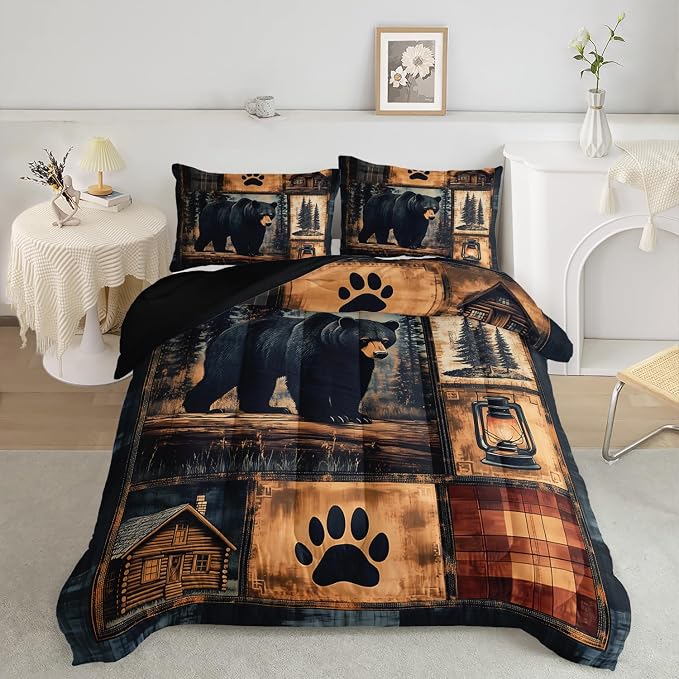 AILONEN Black Bear Comforter Set Twin Size,Rustic Bear Bedding Set for Kids Boys Girls,3-Piece Wildlife Themed Hunting Comforter with 2 Pillowcases