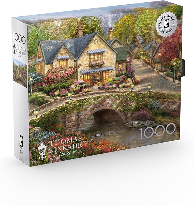 Buffalo Games Thomas Kinkade Summer in Cobblestone Village 1000 Piece Puzzle – Silver Select Premium Jigsaw Puzzle with Foil Accents & Reference Poster