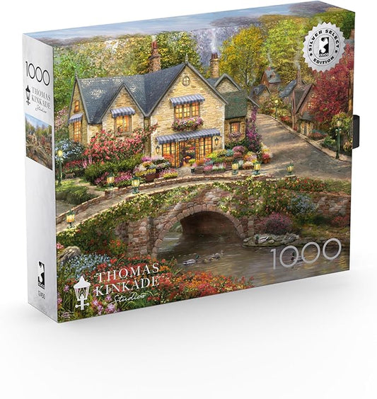 Buffalo Games Thomas Kinkade Summer in Cobblestone Village 1000 Piece Puzzle – Silver Select Premium Jigsaw Puzzle with Foil Accents & Reference Poster